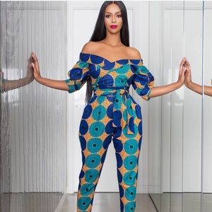 African Print Off-the shoulder Jumpsuit w/ Belt